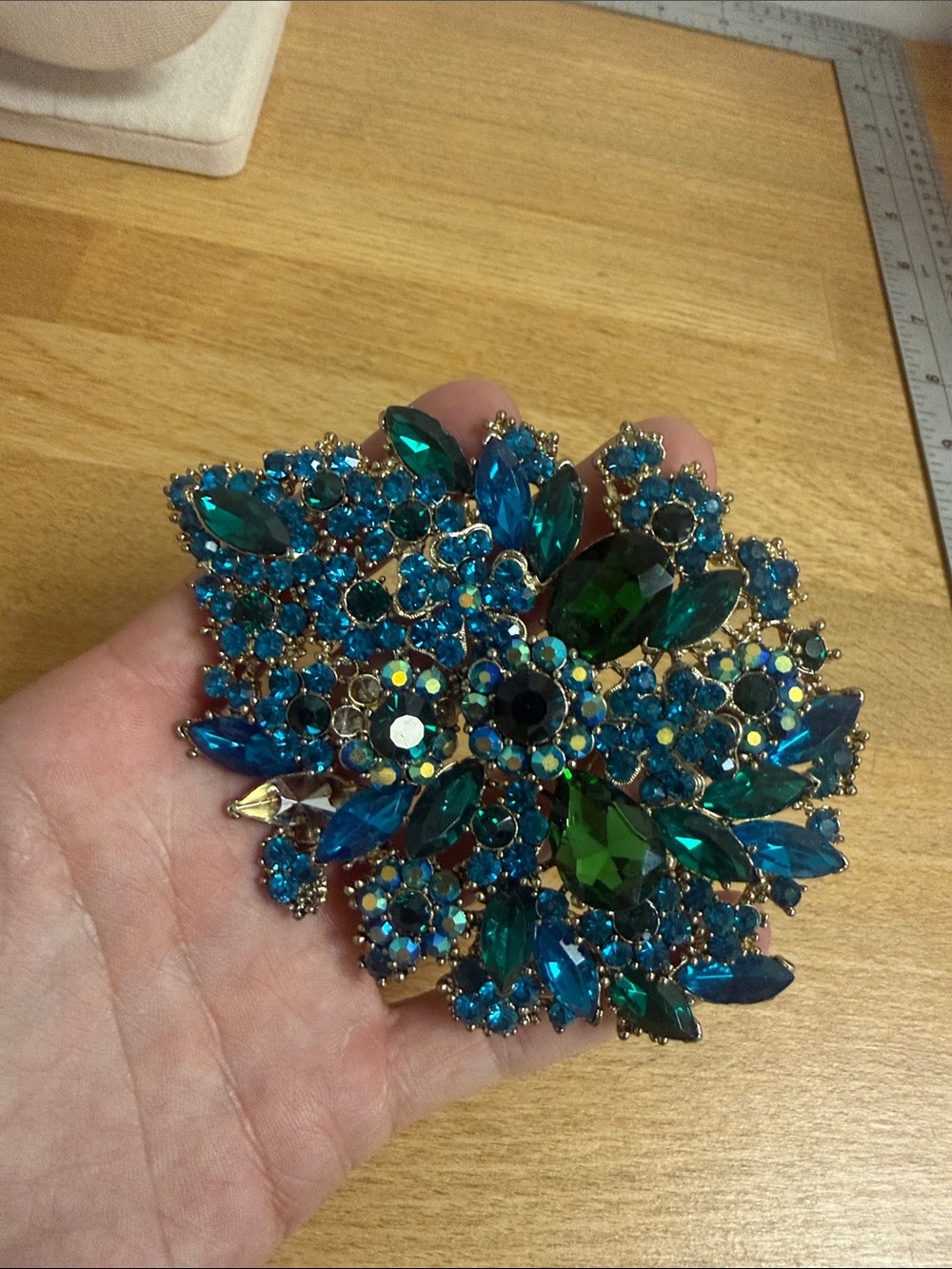 Extra large rhinestone crystal brooch pin vintage missing stones blue green - Picture 2 of 5